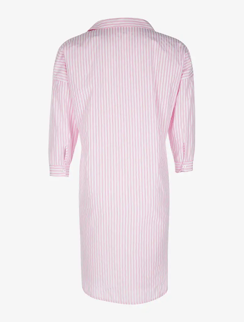 Three Quarter Sleeve Stand Collar Striped Relaxed Fit Shirt Dress
