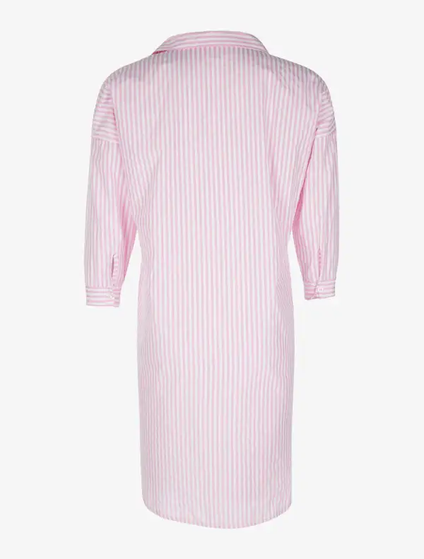 Three Quarter Sleeve Stand Collar Striped Relaxed Fit Shirt Dress