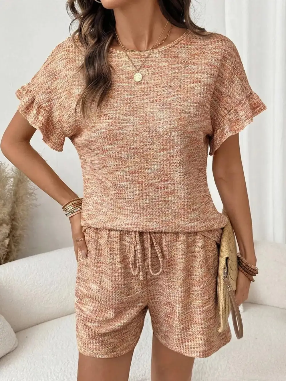 Ruffle Sleeve Textured Top Shorts Set