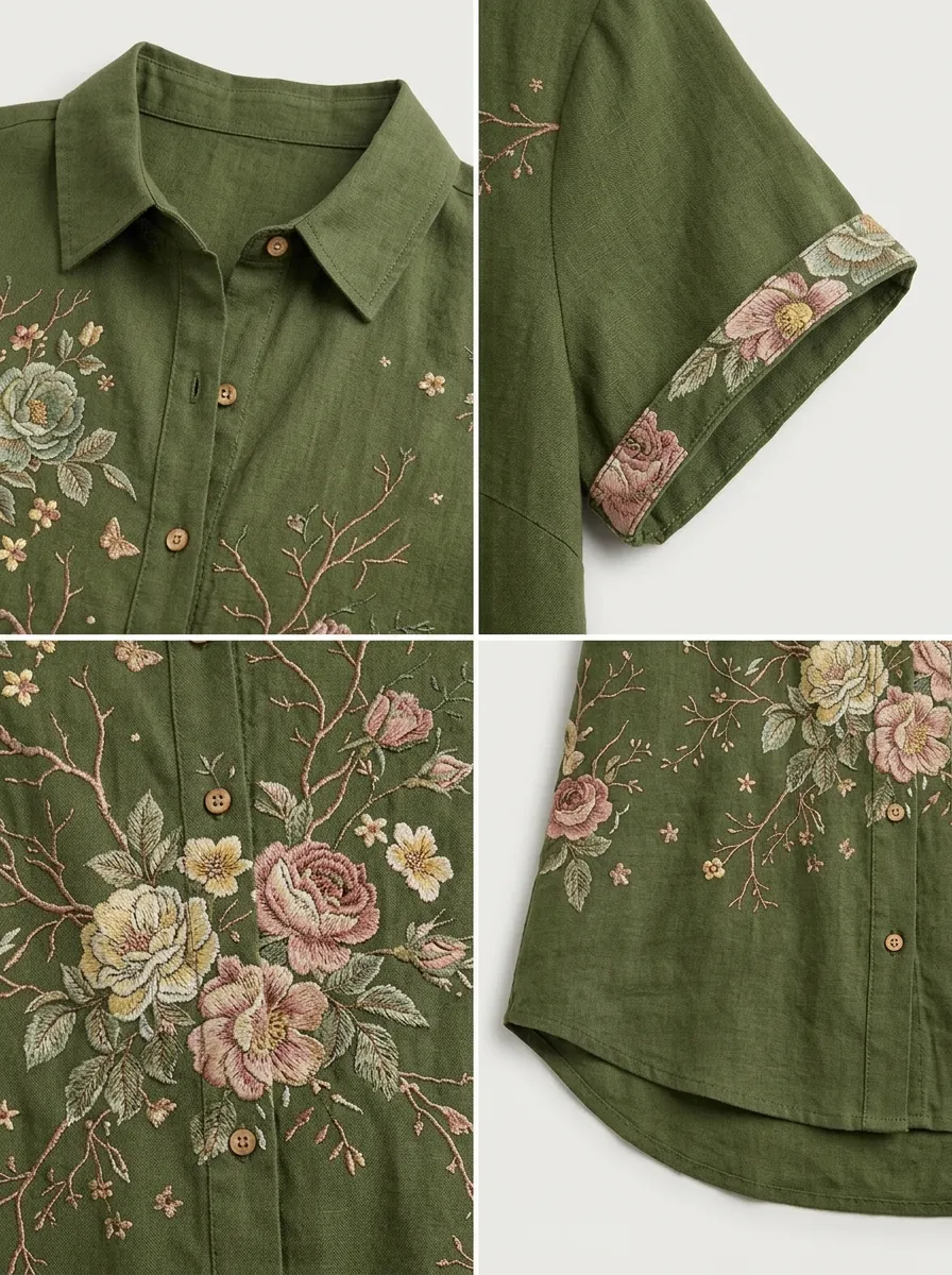 Women's Vintage Floral Botanical Printed Short Sleeve Shirt