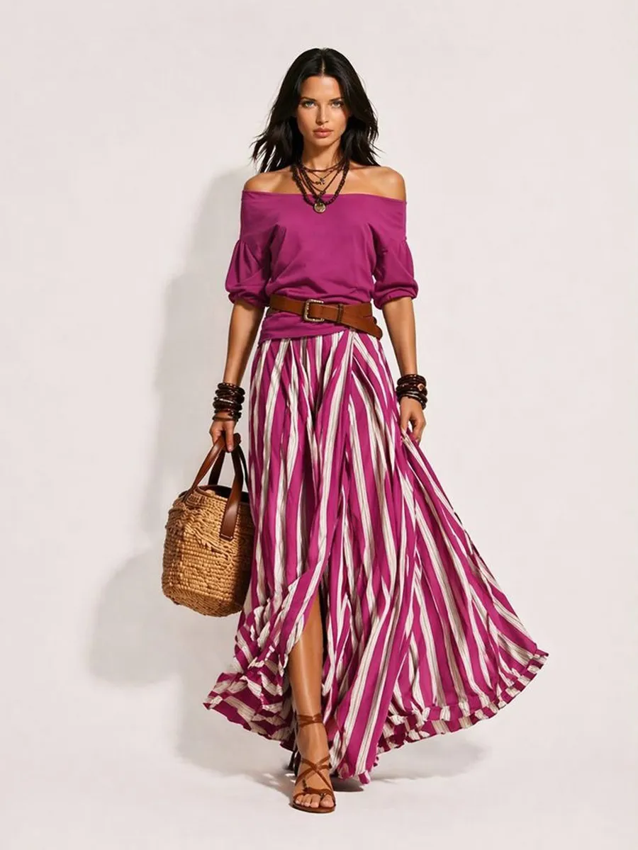 Arlette Women's Vacation-Style Off-Shoulder Top and Slit Skirt Set