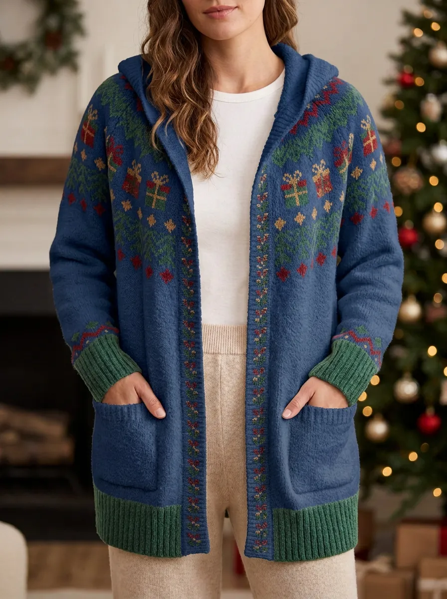 Christmas Gift Tree Pattern Print Hooded Cardigan