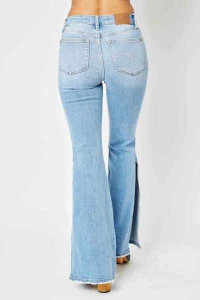 Mid Rise Raw Hem Slit Flared Denim Jeans