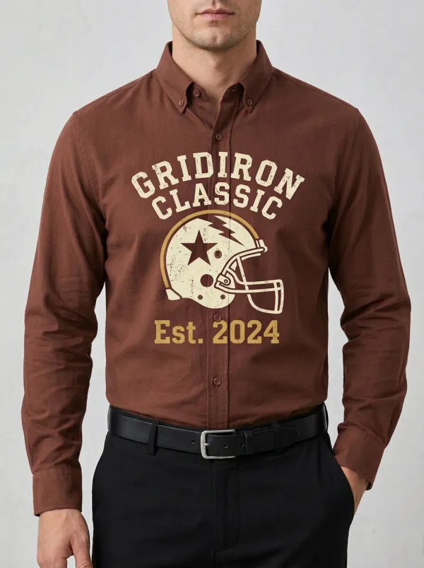 Men's Football Lover Gridiron Classic Helmet Printed Button-Down Shirt