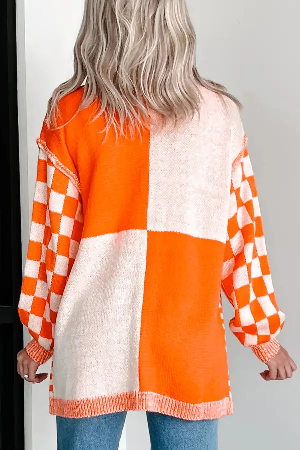 Checkered Open Front Drop Shoulder Relaxed Layer Cardigan