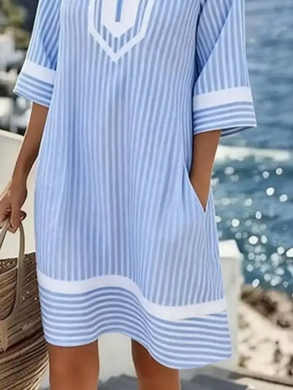V-Neck Striped Casual Dress