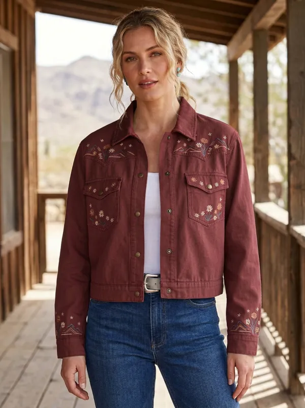 Women's Classic Western Mountain Floral Embroidery Floral Embroidered Denim Jacket
