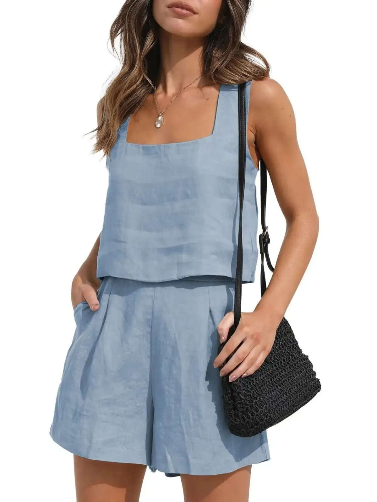 Square-Neck Shorts Matching Set