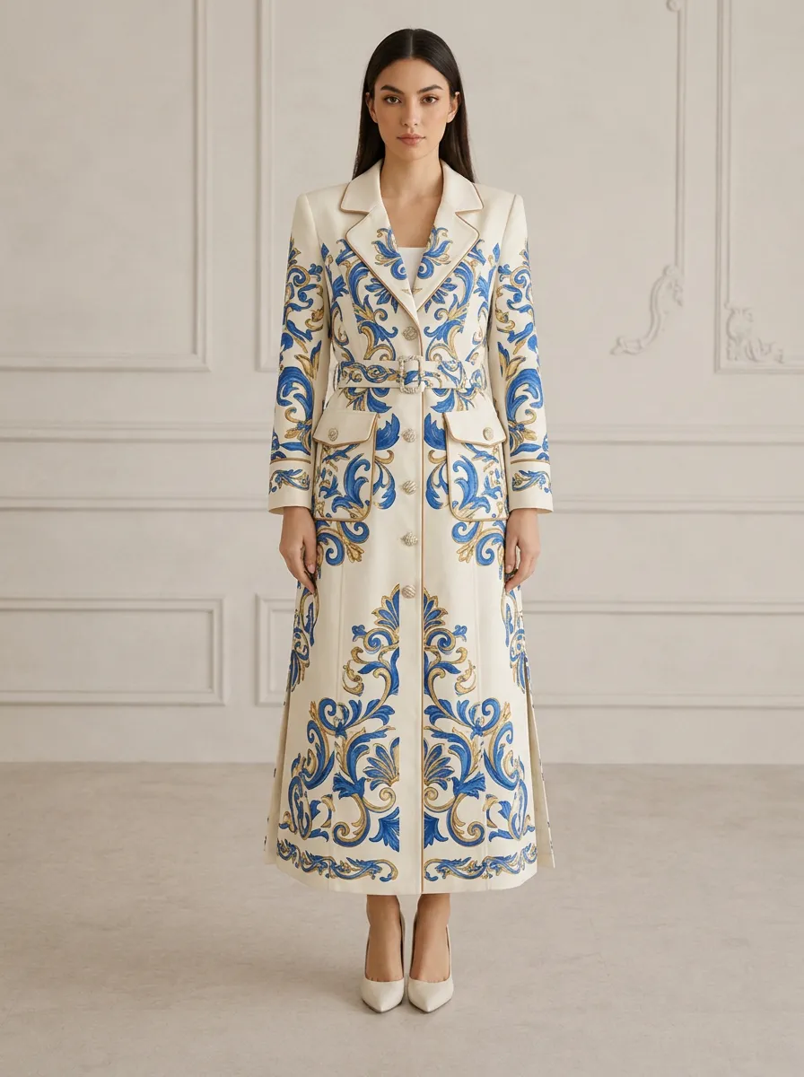 Women's Baroque Style Blue Gold Floral Printed Trench Coat