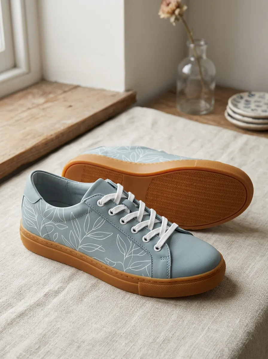 Women's Botanical Leaf Pattern Blue Printed Sneakers