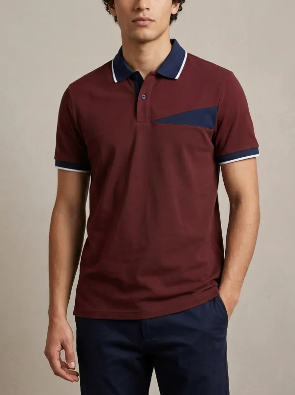 Men's Ribbed Textured Colorblock Geometric-Emblem Graphic Polo Shirt