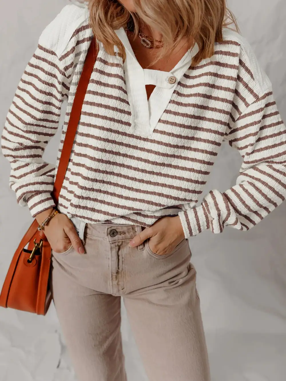 Buttoned Long-Sleeve Knit Striped Hoodie