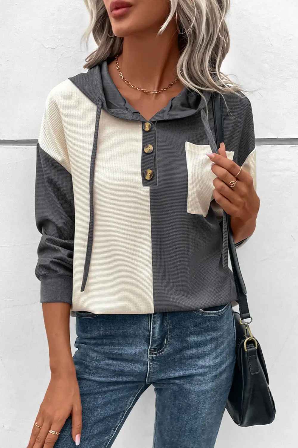 Drawstring Buttoned Drop-Shoulder Waffle-Textured Hoodie