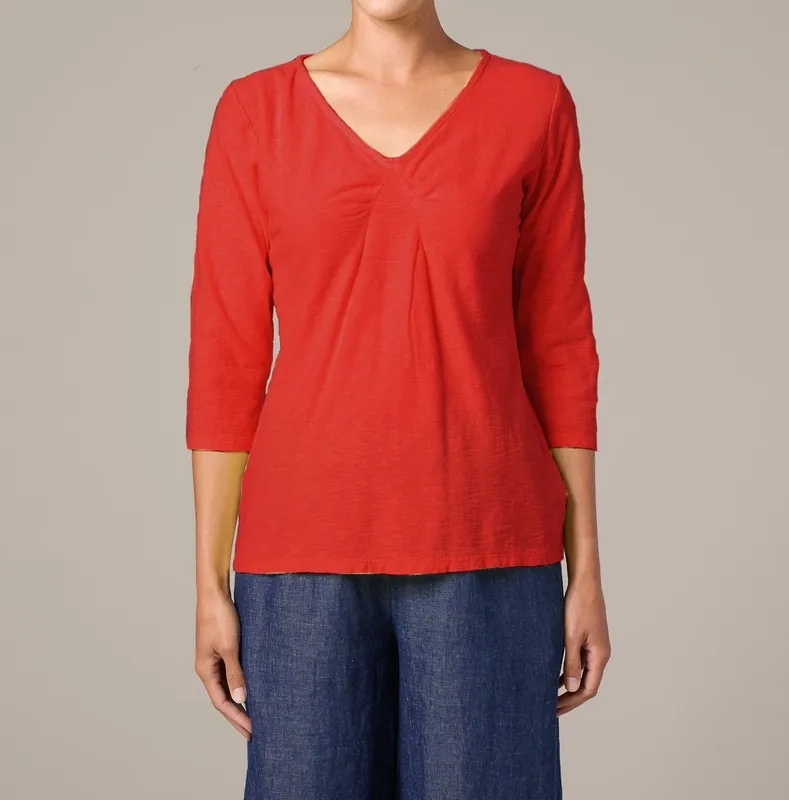Linen Cotton V-Neck Three-Quarter Sleeve Tee