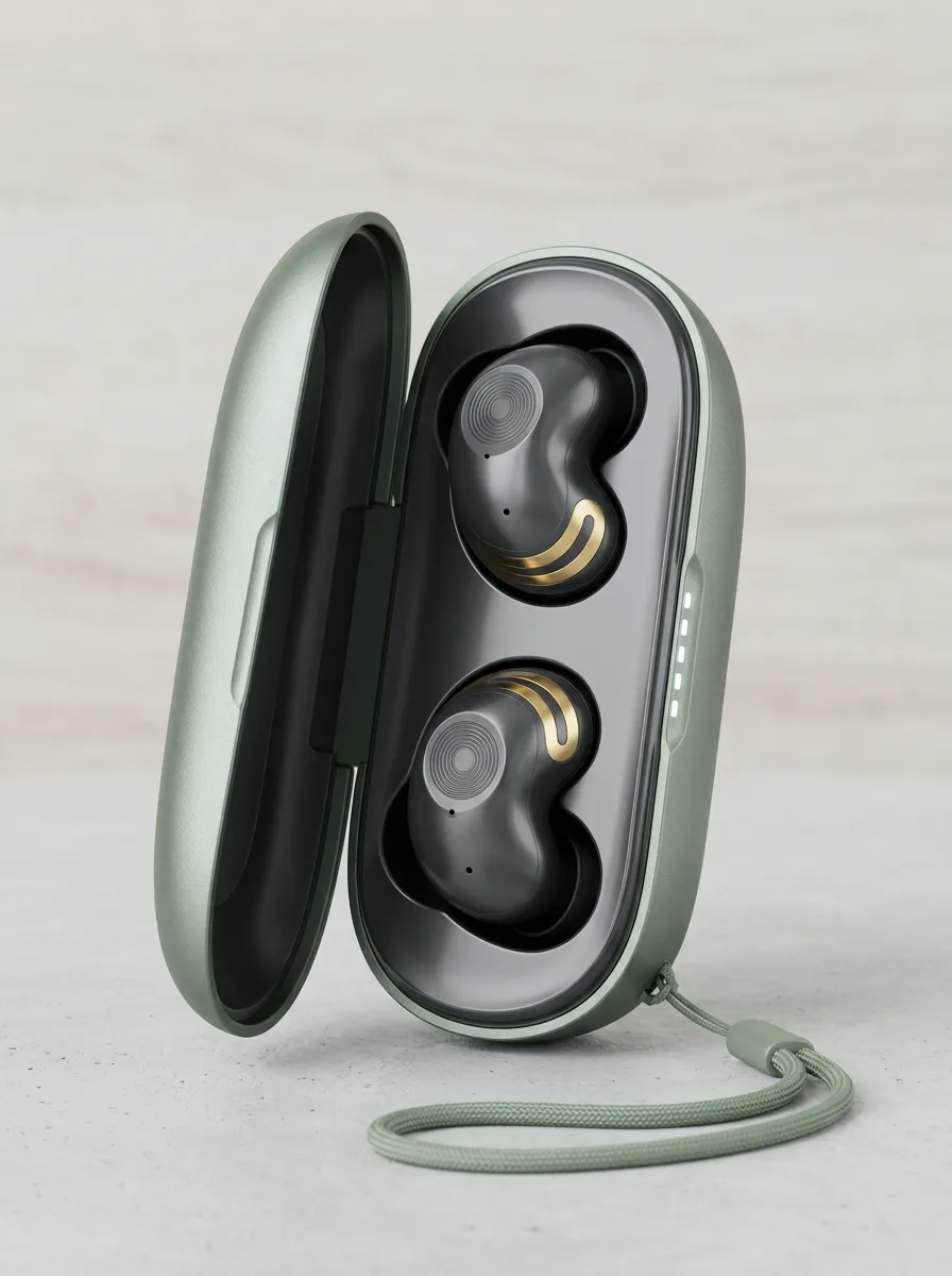 Unisex Tech Enthusiast Gold-Accented Matte Green Printed Earbuds