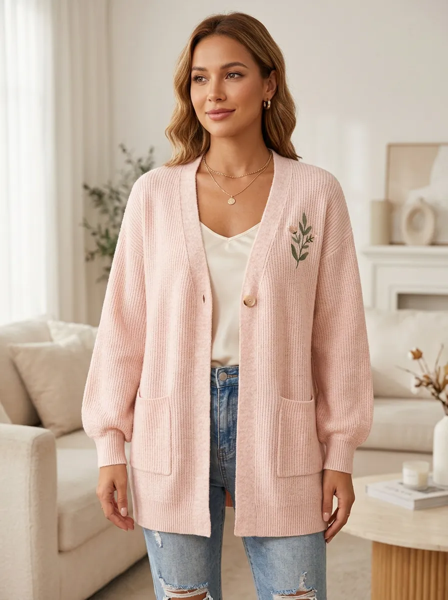 Pink Modern Floral Embroidered Cardigan