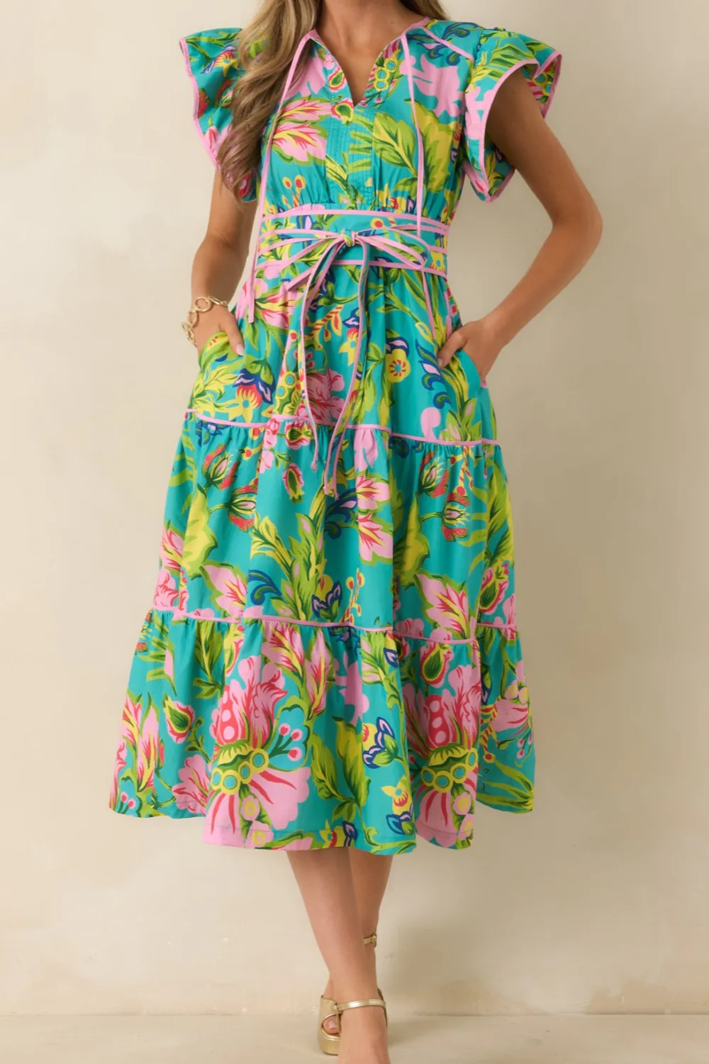 Color Blocking Floral Midi Dress