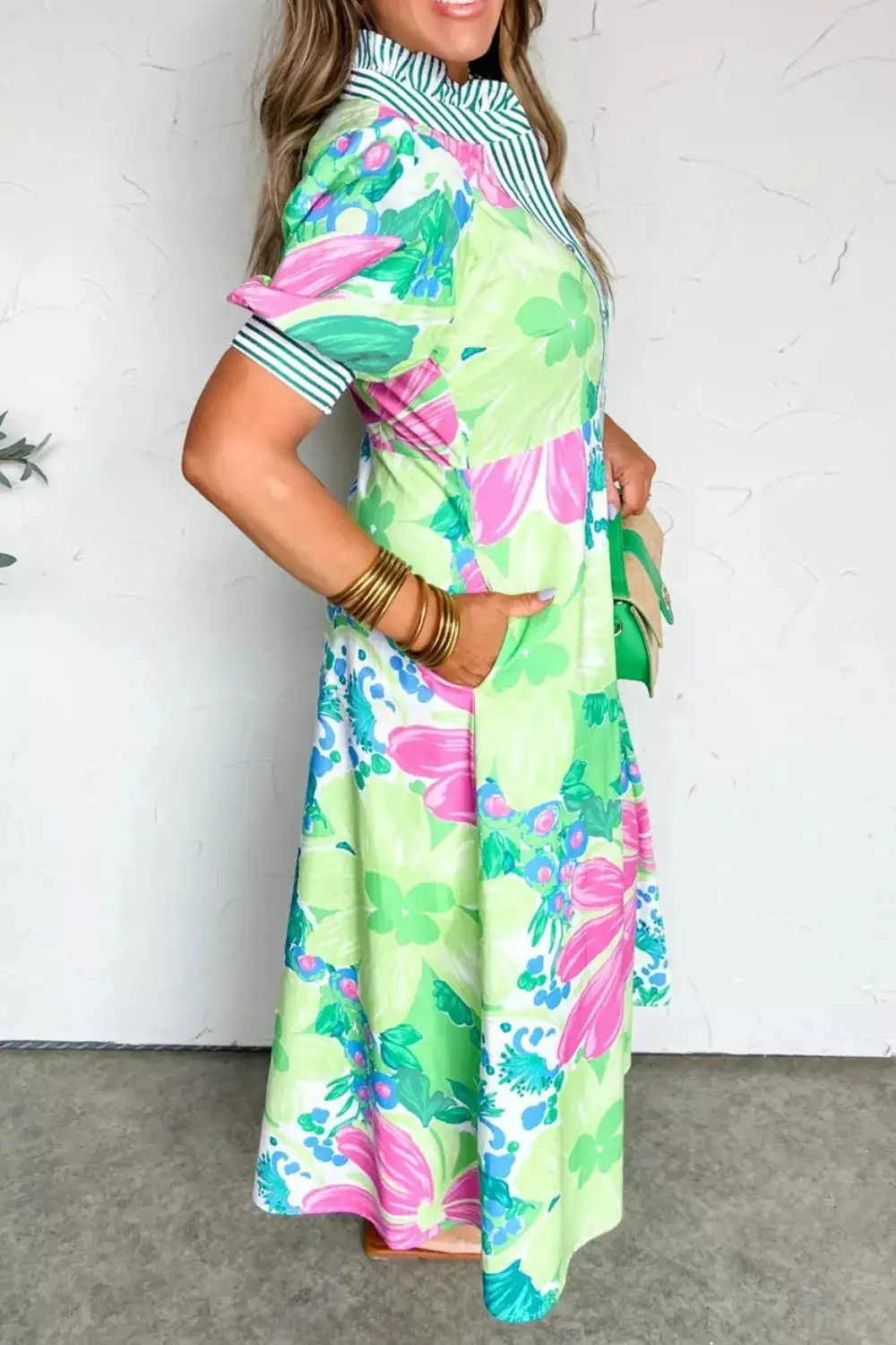 Button-Up Midi Dress with Puff Sleeves