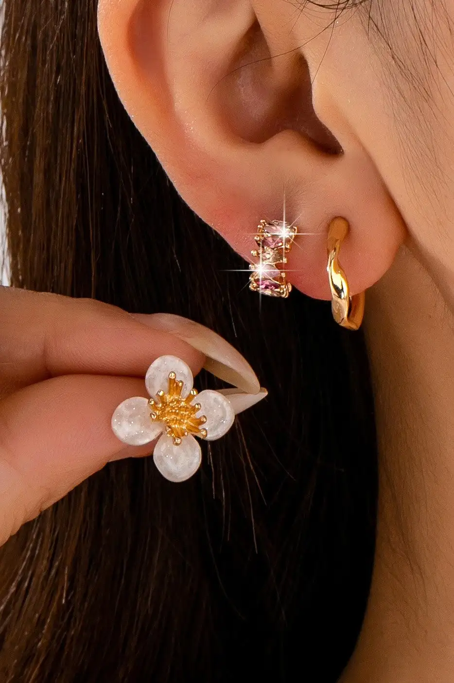 Resin Flower Crystal Huggie Hoop