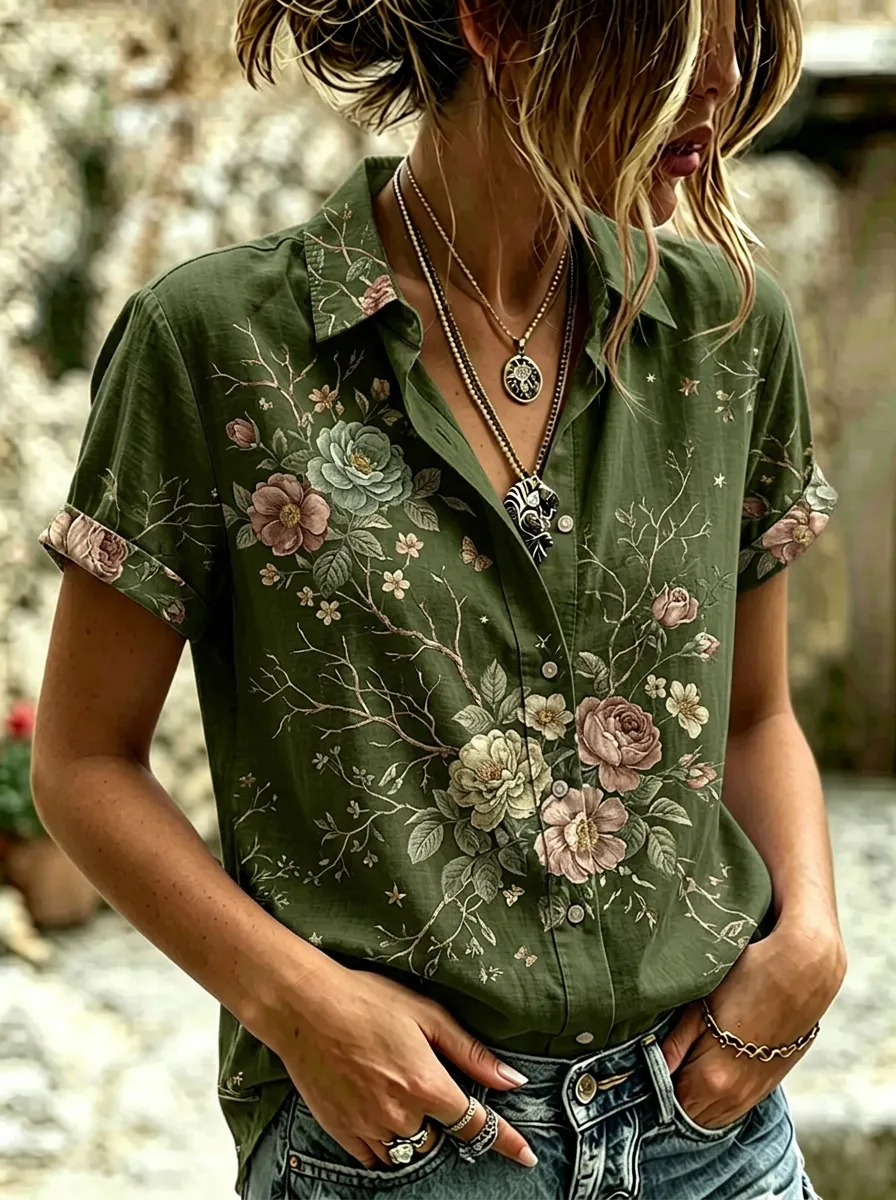 Women's Vintage Floral Botanical Printed Short Sleeve Shirt