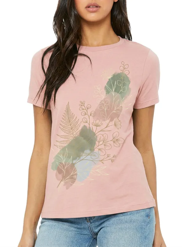Women's Botanical Nature Lover Gold Fern Watercolor Printed T-shirt