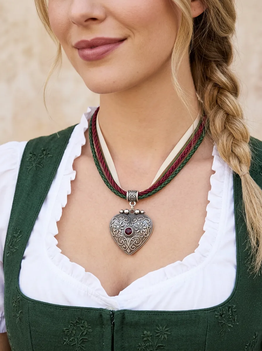 Heart Pendant Choker Braided Cord Floral Women's Bavarian Oktoberfest Necklace