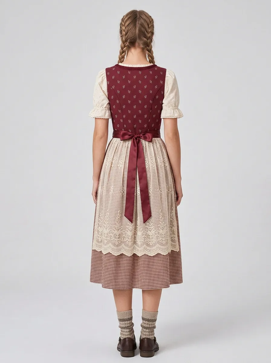 Gingham Lace Apron Square Neck Traditional Women's Bavarian Oktoberfest Dirndl Dress