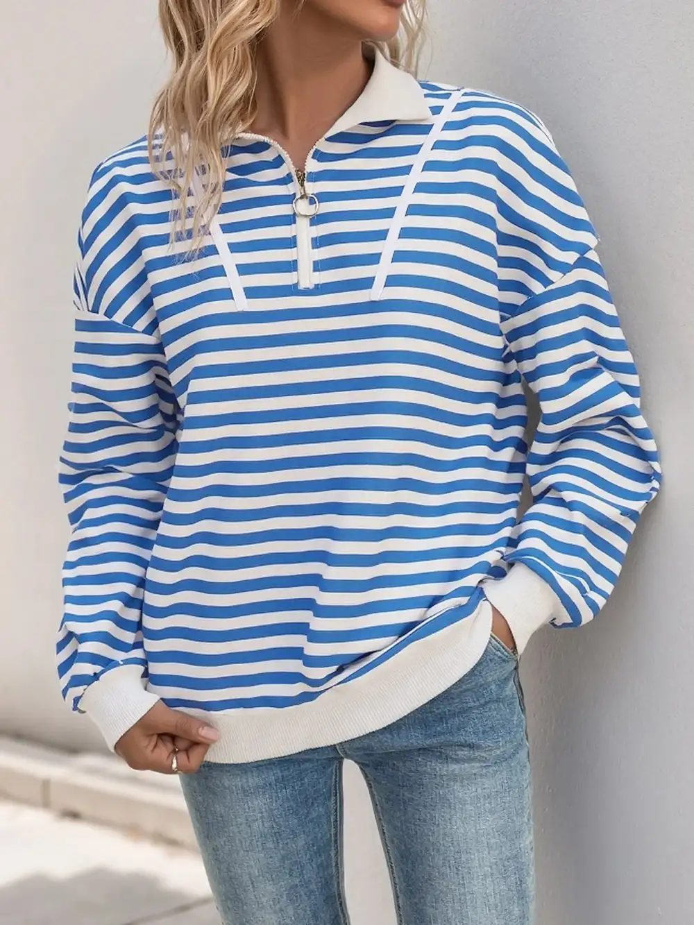 Quarter-Zip Drawstring Long-Sleeve Striped Hoodie
