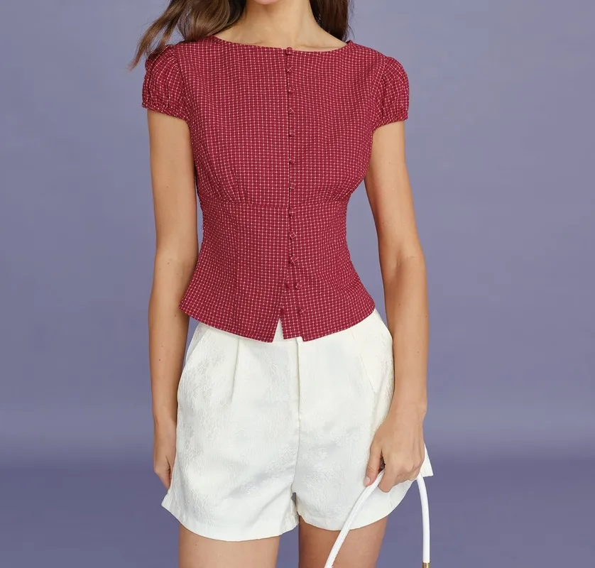 Red Boat Neck Plaid Blouse