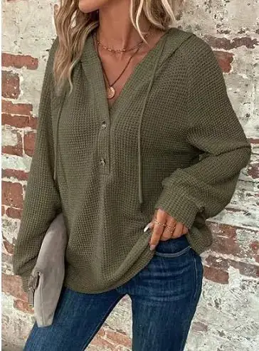 Drawstring Buttoned Pocketed Waffle-Textured Hoodie