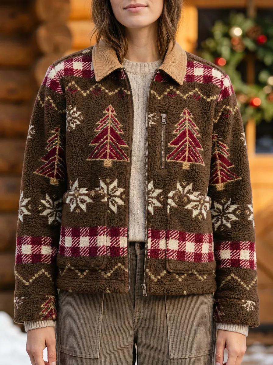 Christmas Holiday Tree Snowflake Plaid Print Sherpa Jacket