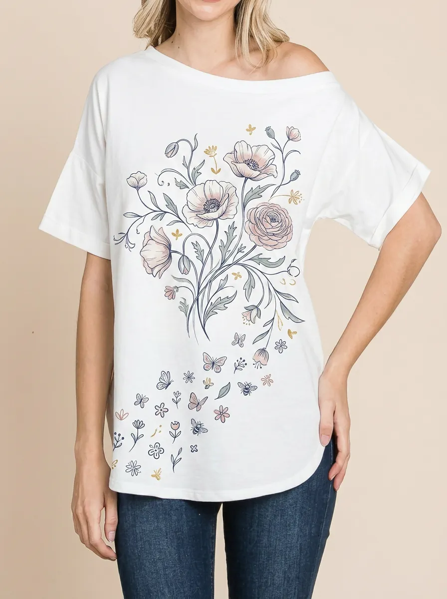 Women's Floral Nature Lover Poppy Butterfly Printed T-shirt