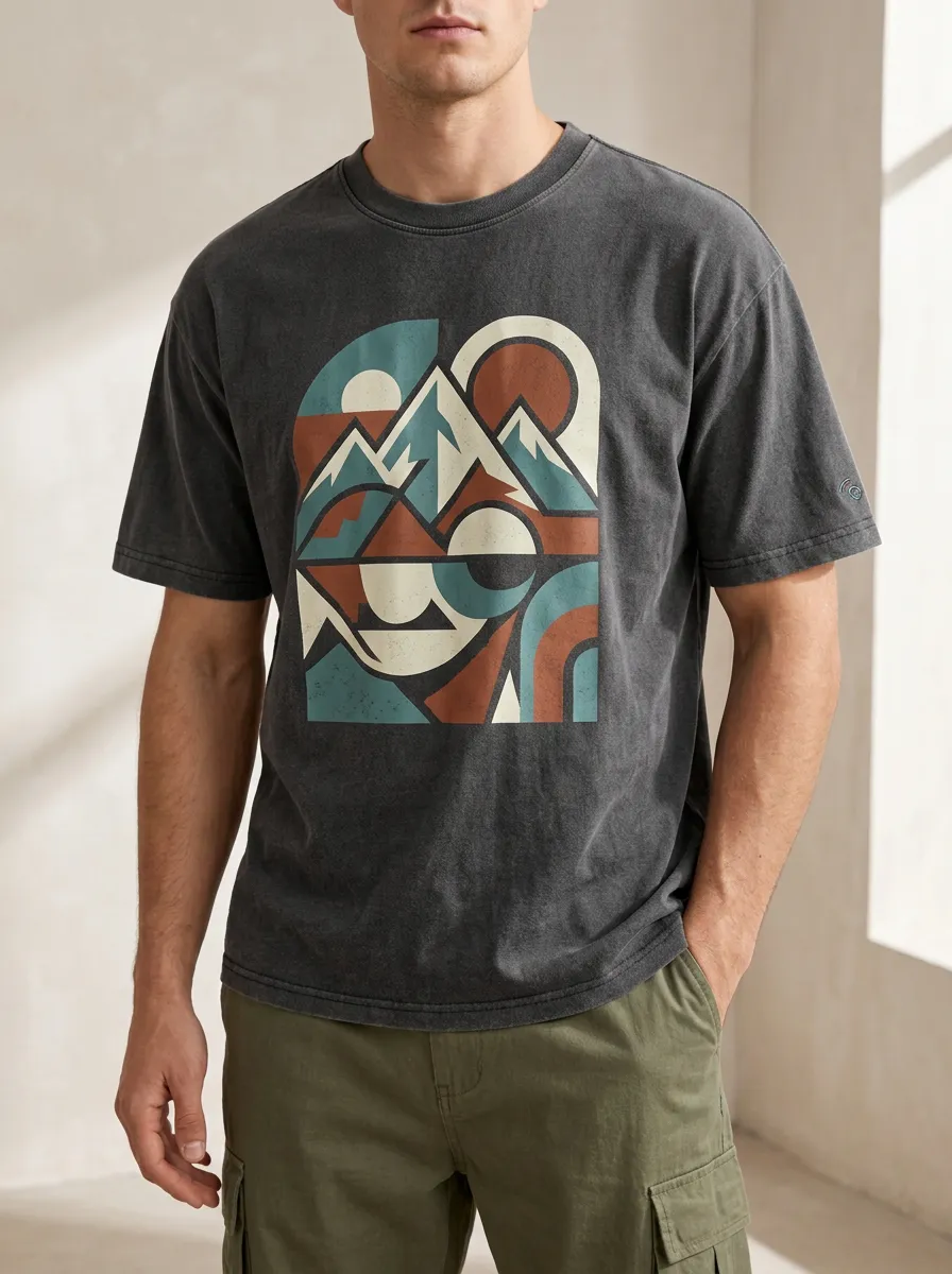 Men's Geometric Mountain Nature Printed T-Shirt
