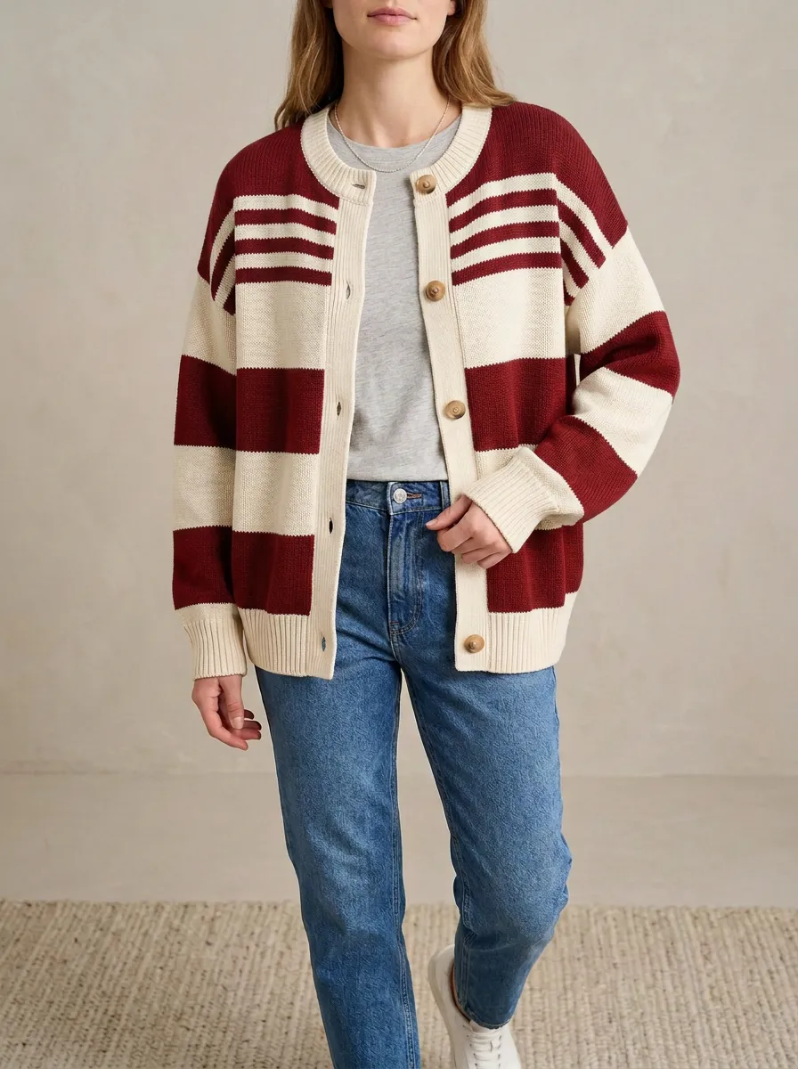 Distinctive Rugby Striped Knit Cardigan