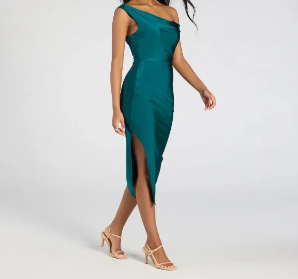 Off-Shoulder Bodycon Ruched High-Slit Midi Dress