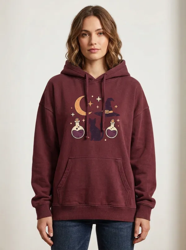 Women's Halloween Witch Cat Moon Potion Printed Hoodie