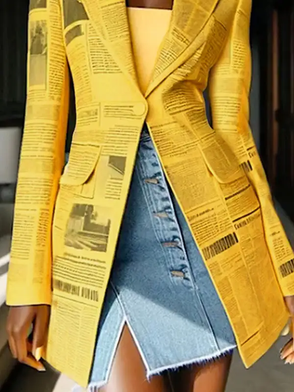 Long Sleeve Newspaper Print Split Lapel Blazer