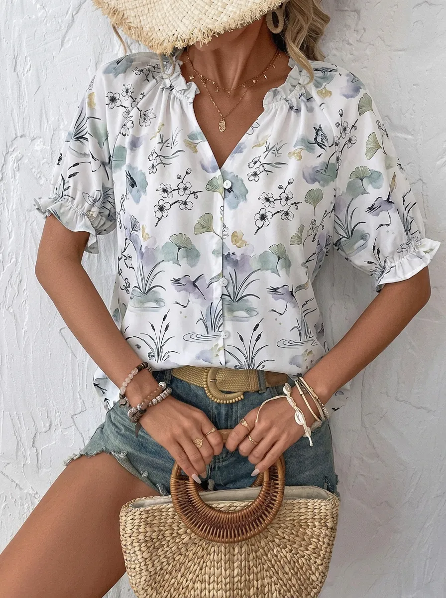 Women's Floral Ginkgo Leaf Crane Printed Ruffle V-Neck Top