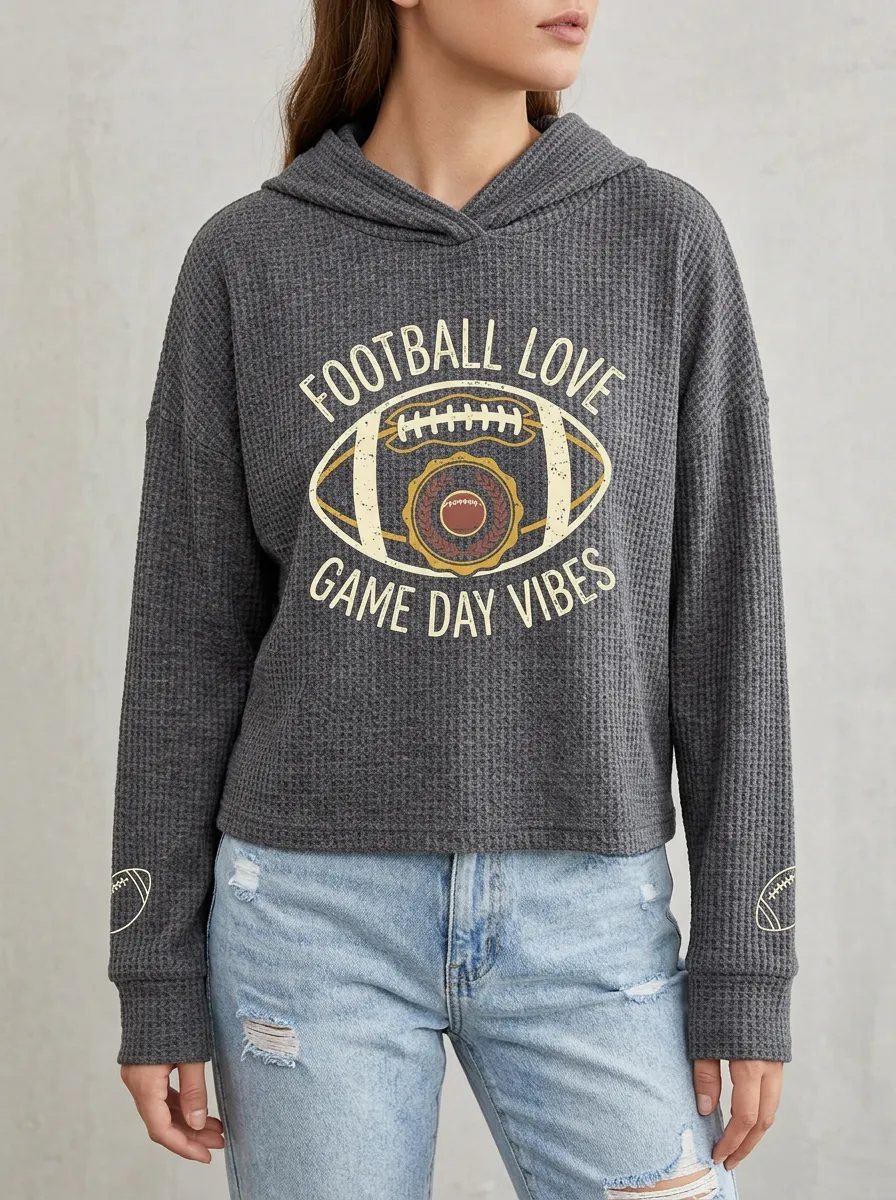 Women's Football Love Game Day Vibes Printed Waffle Hoodie