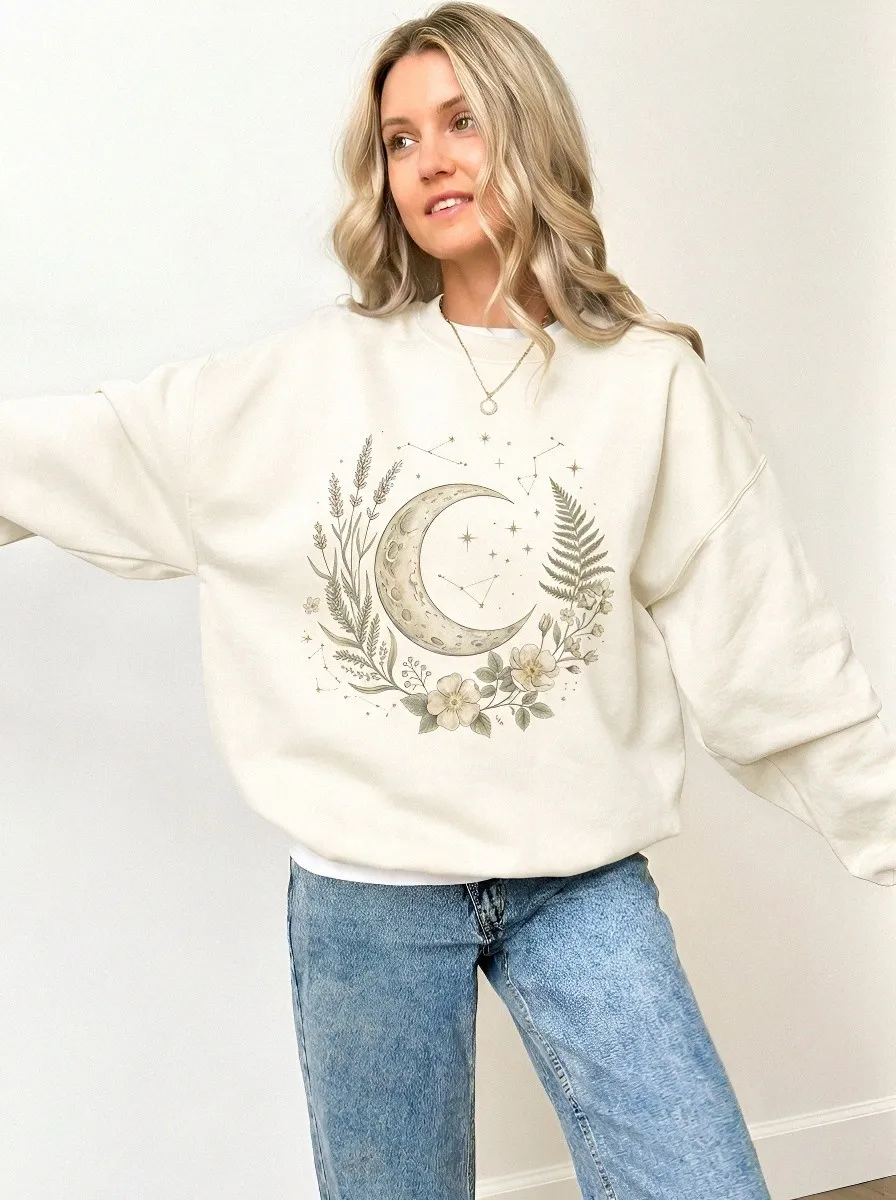 Women's Celestial Moon Floral Botanical Printed Sweatshirt