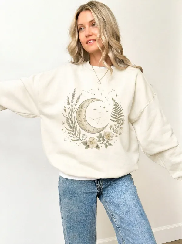 Women's Celestial Moon Floral Botanical Printed Sweatshirt