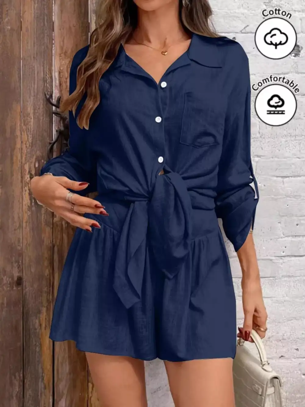 Button Up Roll Up Sleeve Shirt Shorts Set