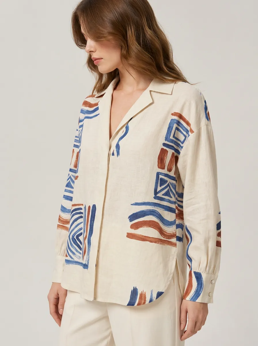 Women's Geometric Brushstroke Long Sleeve Print Shirt
