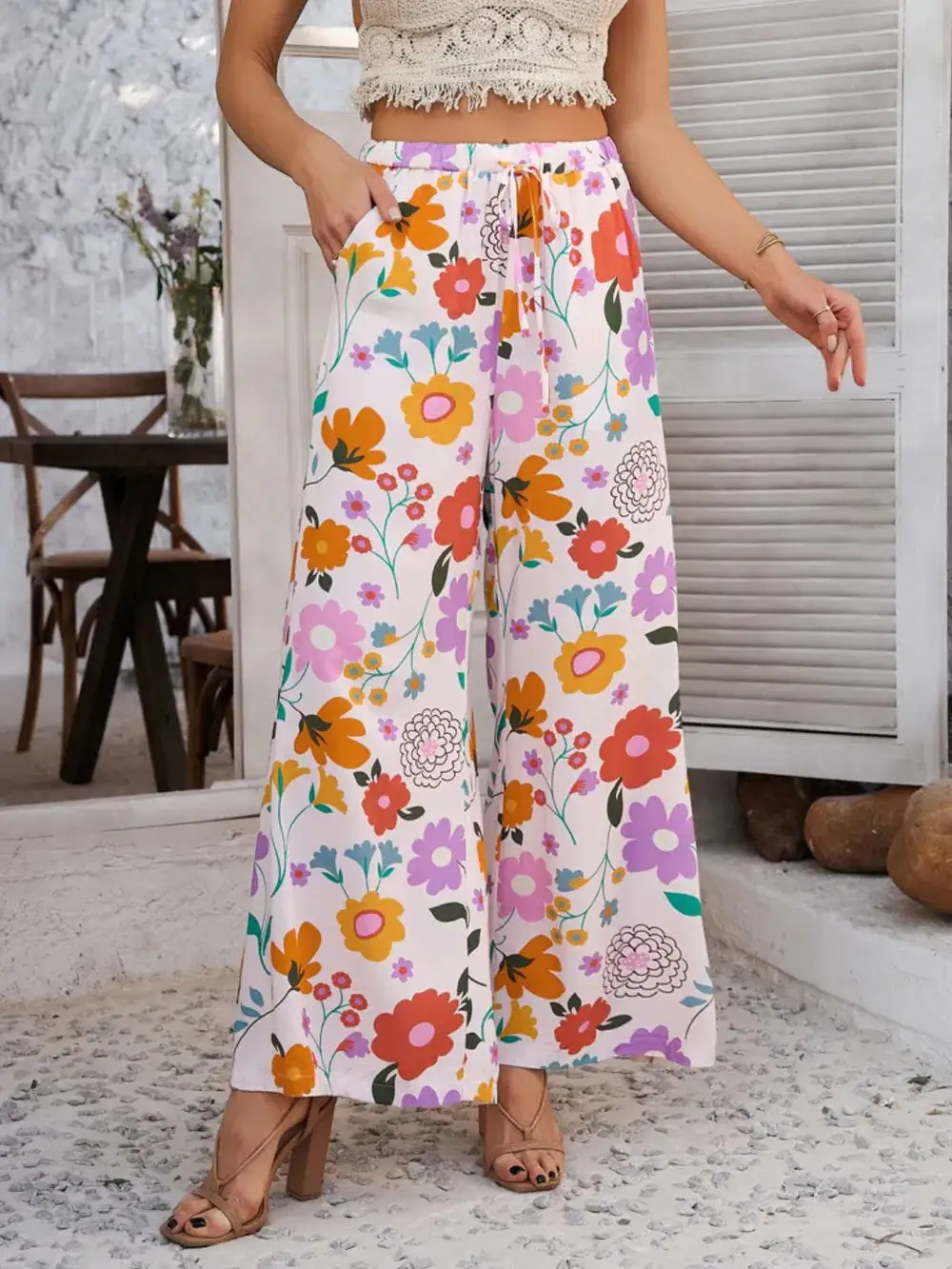 Wide Leg Drawstring Printed Pants