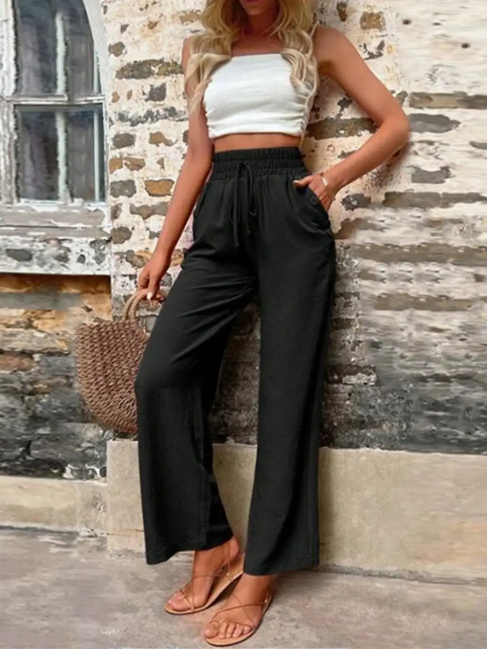 Tied High Waist Wide Leg Pants With Pocket