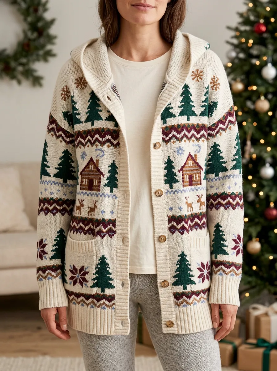 Christmas Cabin Tree Reindeer Pattern Knit Hooded Cardigan