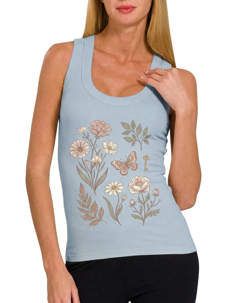 Women's Botanical Butterfly Floral Key Printed Ribbed Tank Top