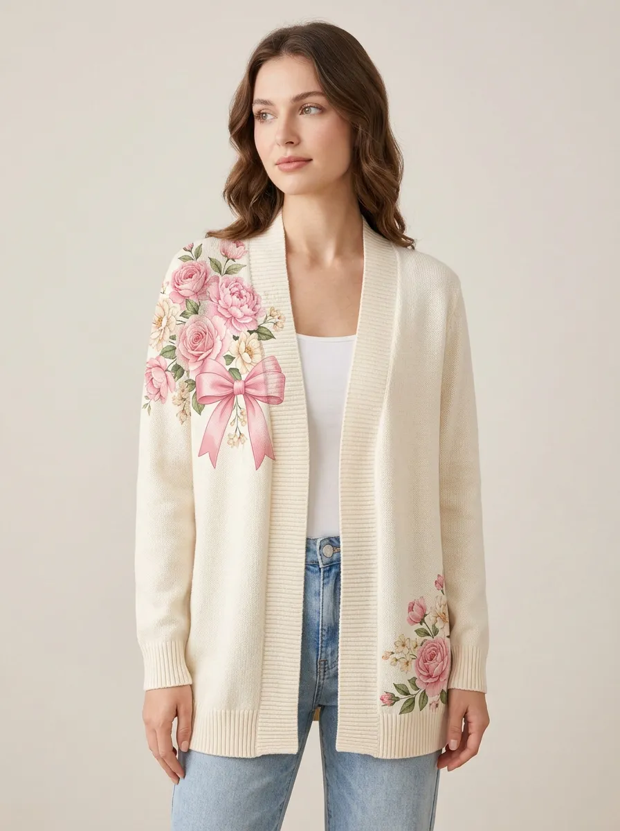 Women's Breast Cancer Awareness Pink Ribbon Floral Printed Cardigan
