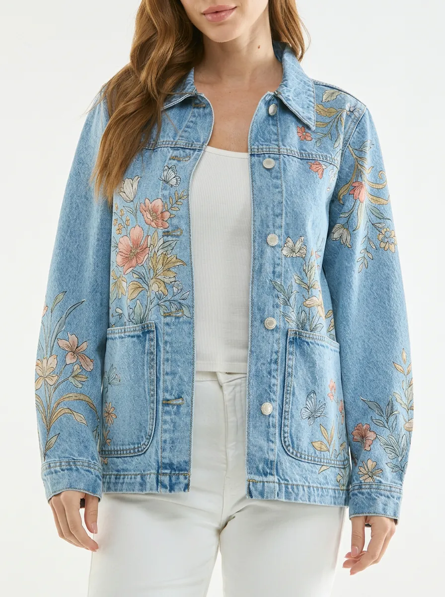 Women's Floral Butterfly Nature Printed Denim Jacket