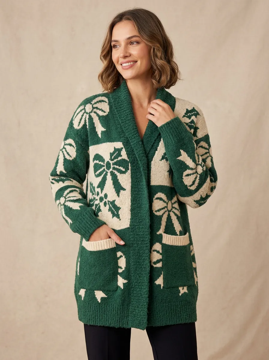 Women's Christmas Holiday Bow Pattern Knitted Cardigan